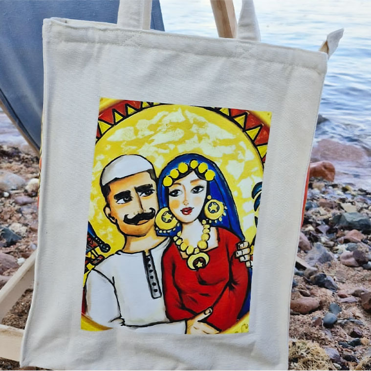 Hand-painted canvas tote bag by Nagwan Magdy